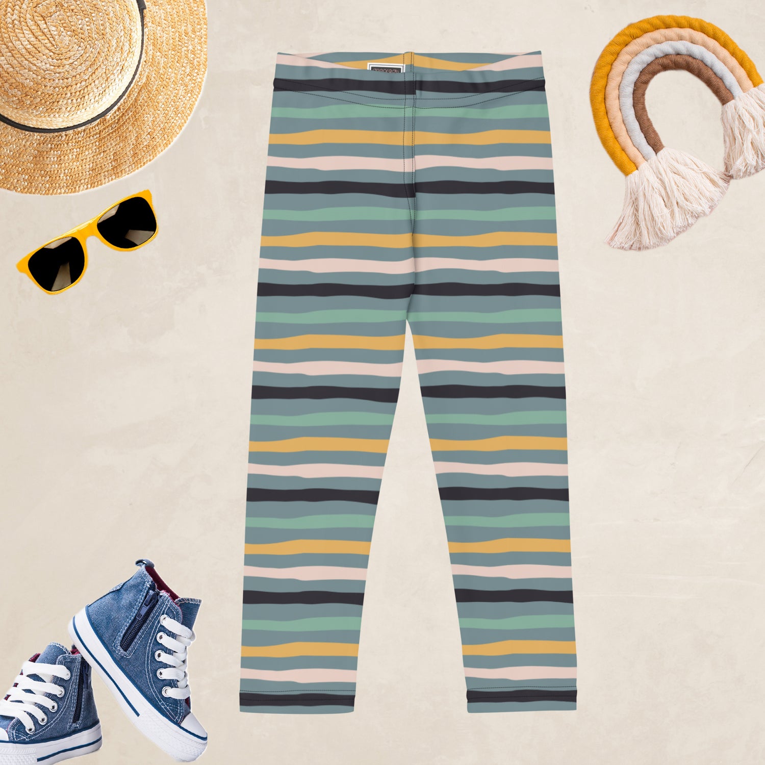 Green Tropical Stripes Kids and Youth Leggings | DEEAREST LTD