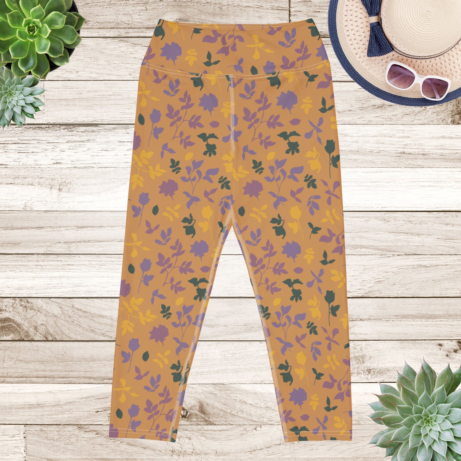 Brown Blossom Yoga Capri Leggings | DEEAREST LTD