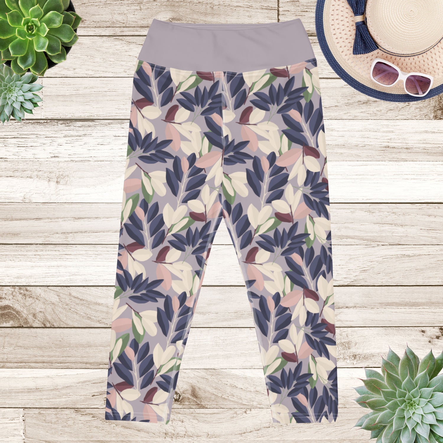 Lilac Leaves Yoga Capri Leggings | DEEAREST LTD