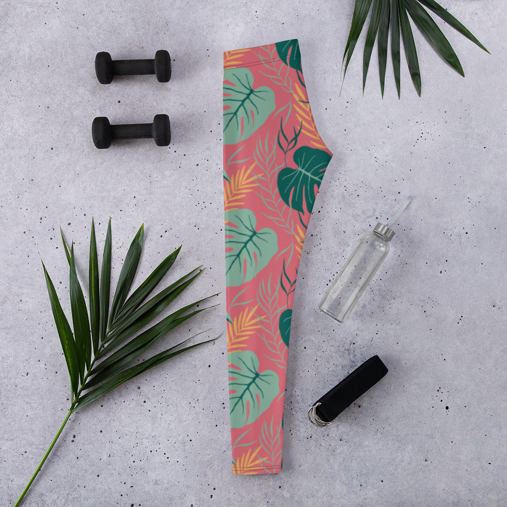 Pink Tropical Leaves Leggings | DEEAREST LTD