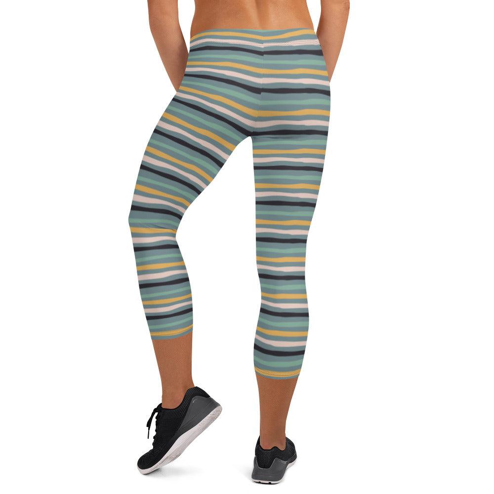 Green Tropical Stripes Capri Leggings | DEEAREST LTD