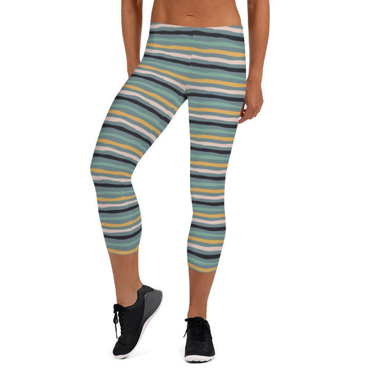 Green Tropical Stripes Capri Leggings | DEEAREST LTD