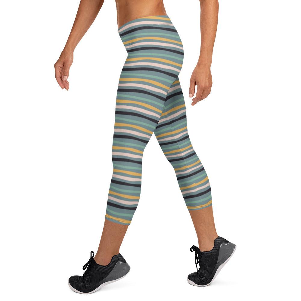 Green Tropical Stripes Capri Leggings | DEEAREST LTD