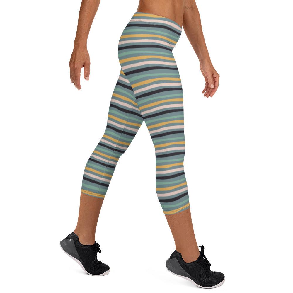 Green Tropical Stripes Capri Leggings | DEEAREST LTD