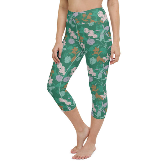 Green Blossom Yoga Capri Leggings | DEEAREST LTD