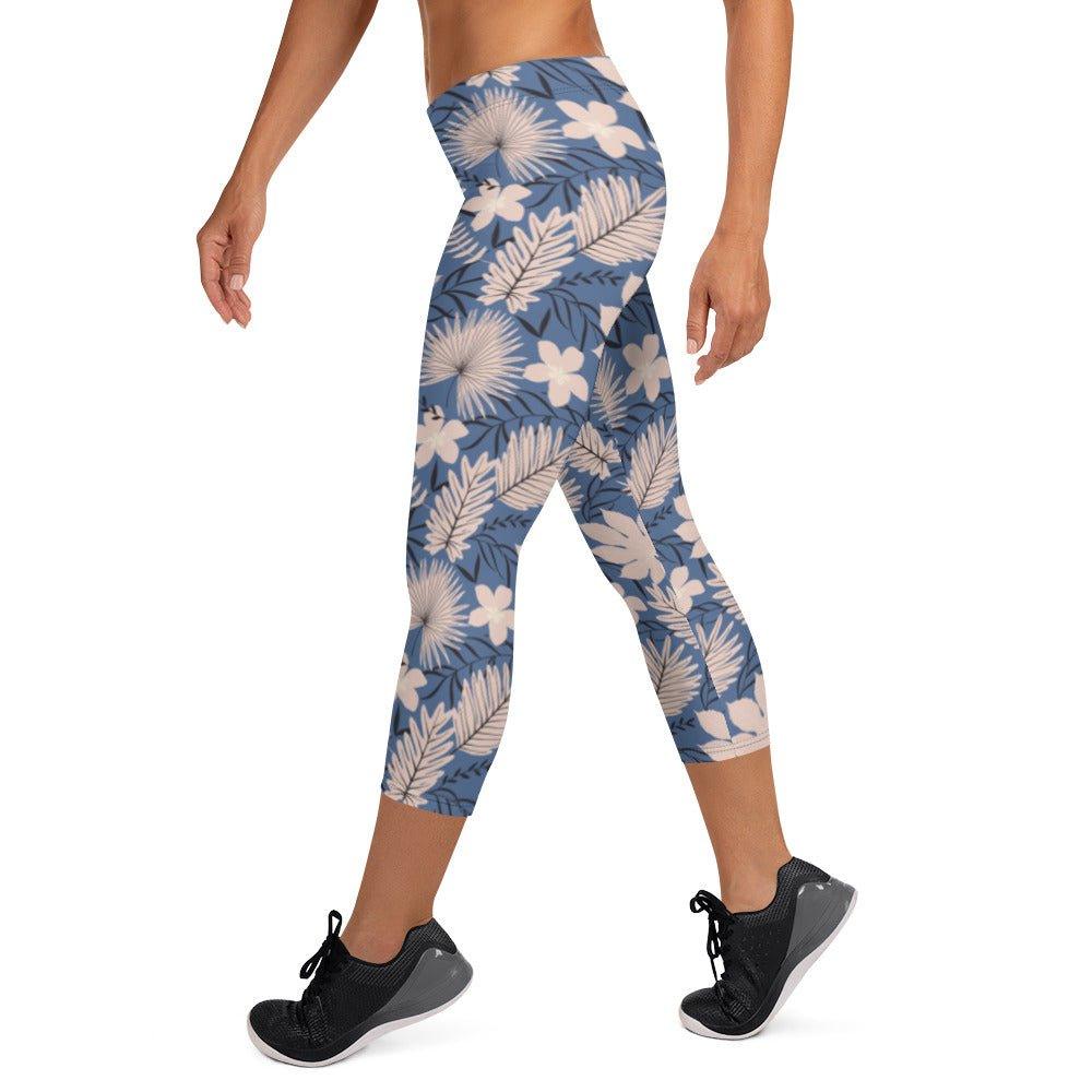 Blue Tropical Flower Capri Leggings | DEEAREST LTD