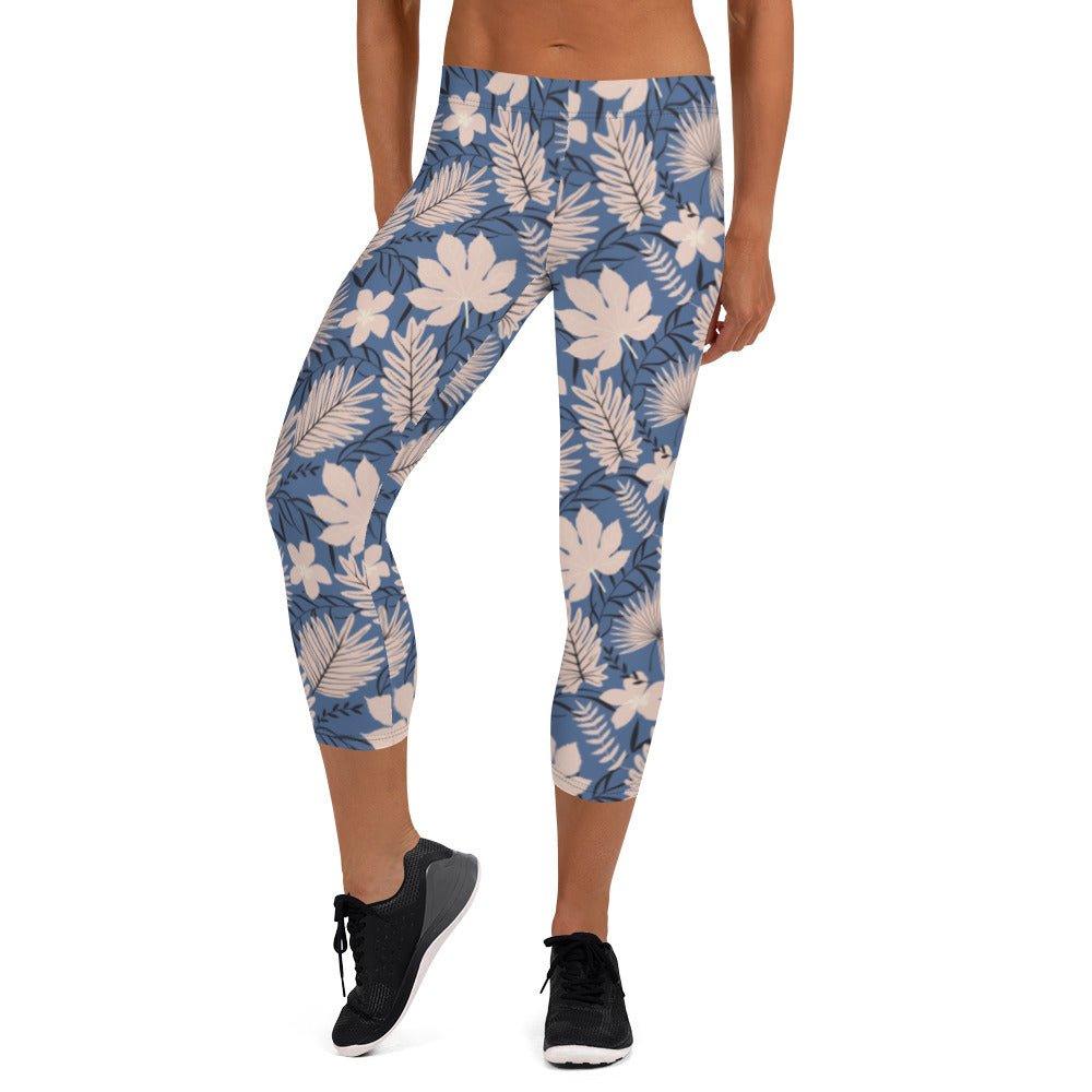 Blue Tropical Flower Capri Leggings | DEEAREST LTD