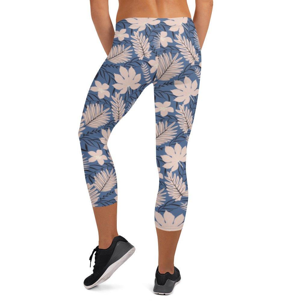 Blue Tropical Flower Capri Leggings | DEEAREST LTD