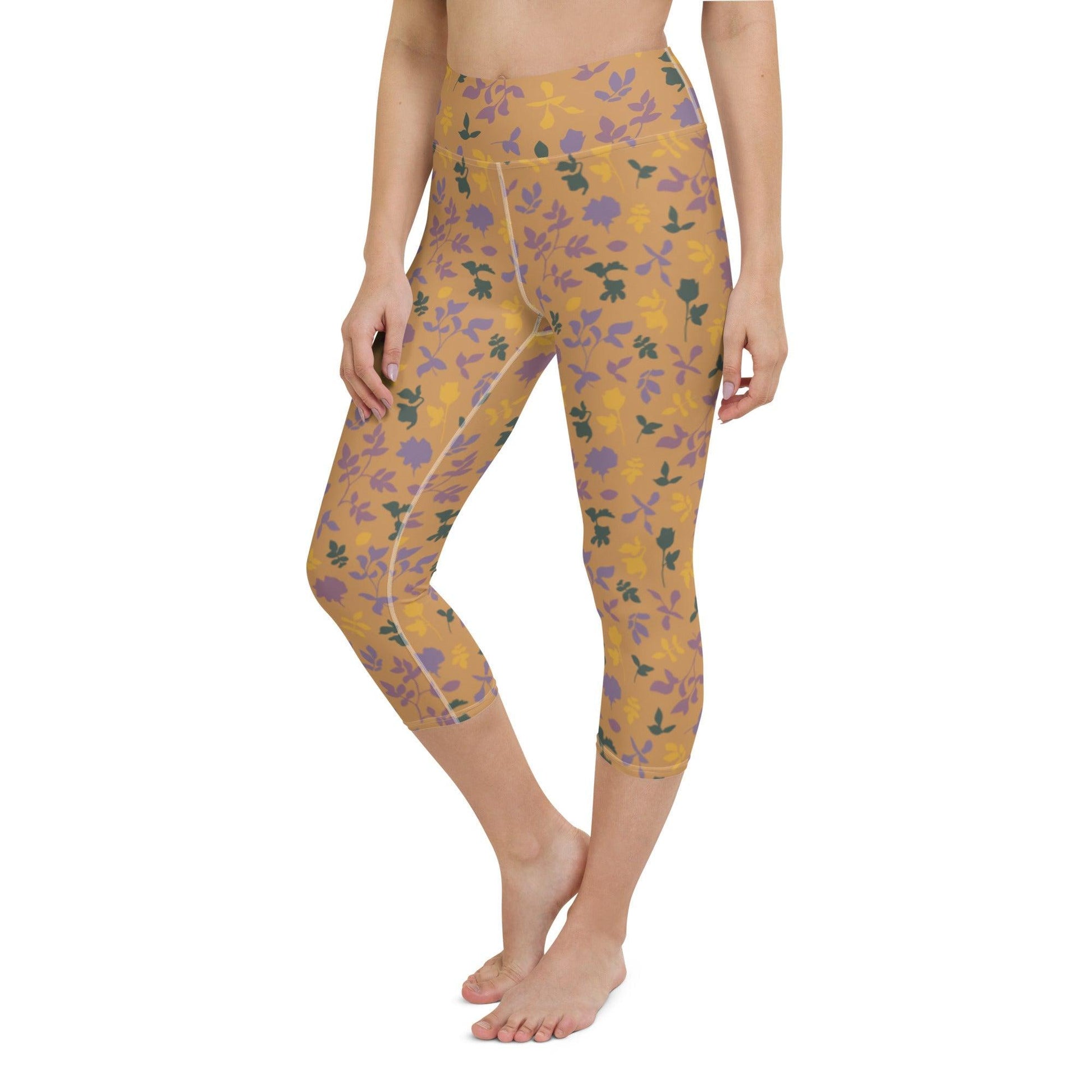 Brown Blossom Yoga Capri Leggings | DEEAREST LTD