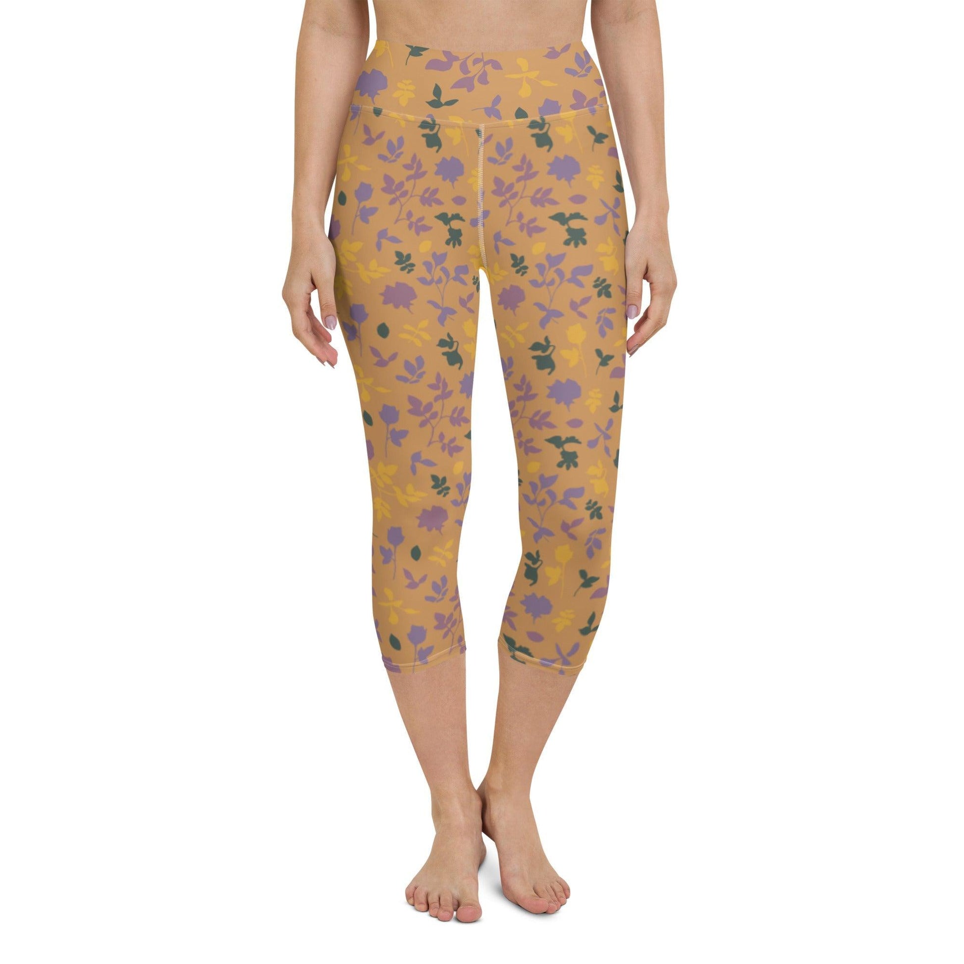 Brown Blossom Yoga Capri Leggings | DEEAREST LTD