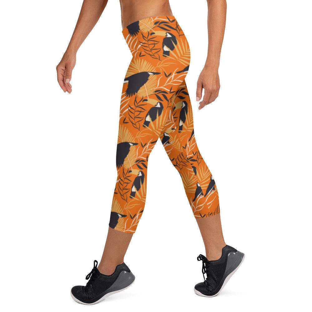 Orange Tropical Toucan Women's Capri Leggings | DEEAREST LTD