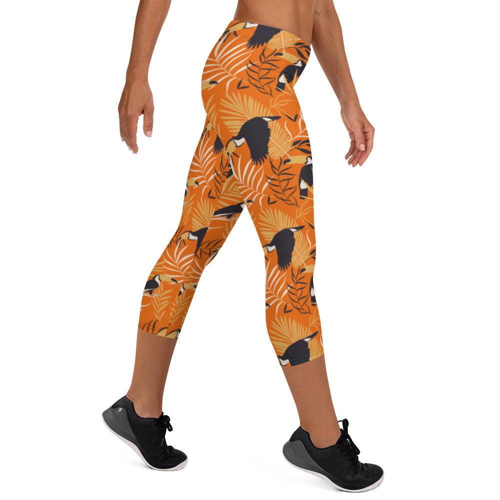 Orange Tropical Toucan Women's Capri Leggings | DEEAREST LTD