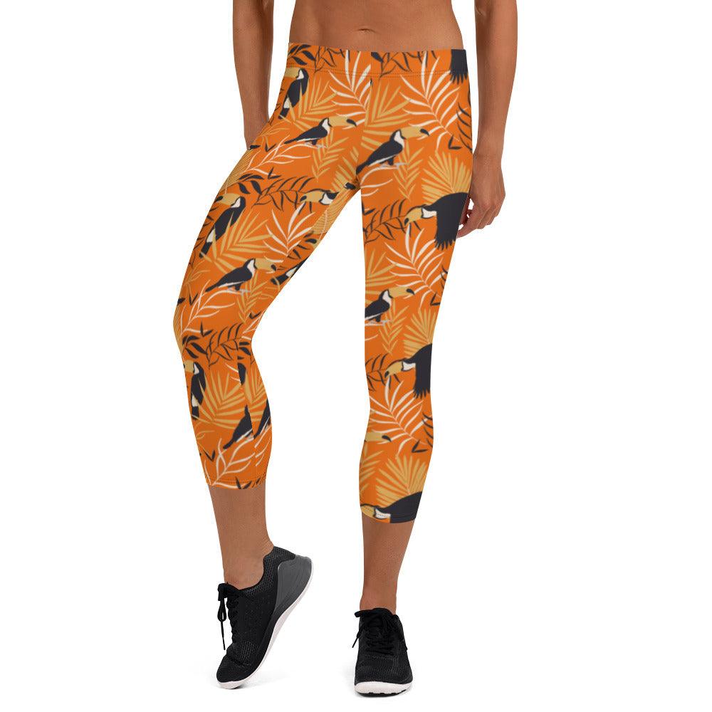 Orange Tropical Toucan Women's Capri Leggings | DEEAREST LTD