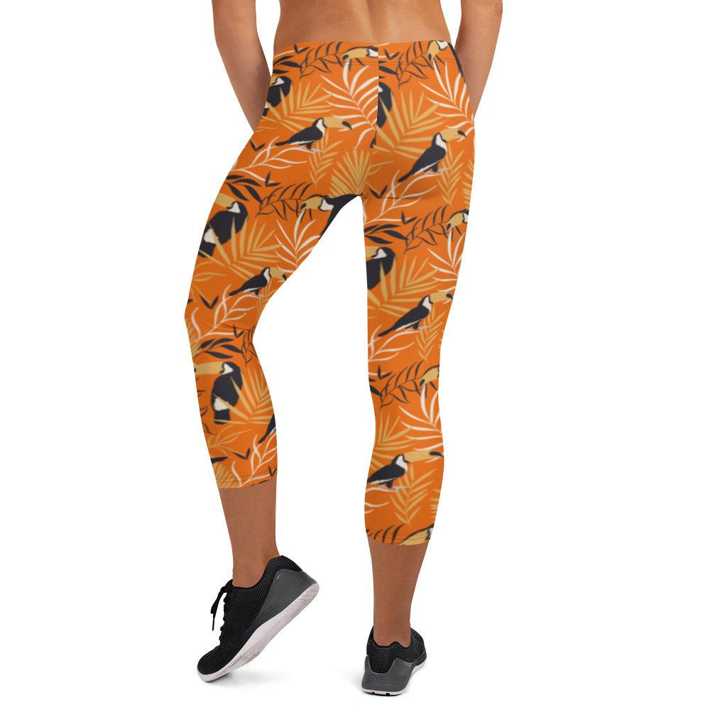 Orange Tropical Toucan Women's Capri Leggings | DEEAREST LTD