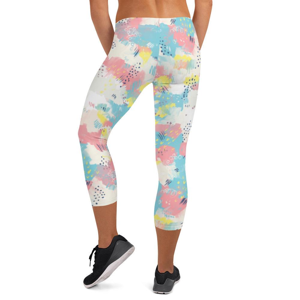 Pink and Blue Abstract Women's Capri Leggings | DEEAREST LTD