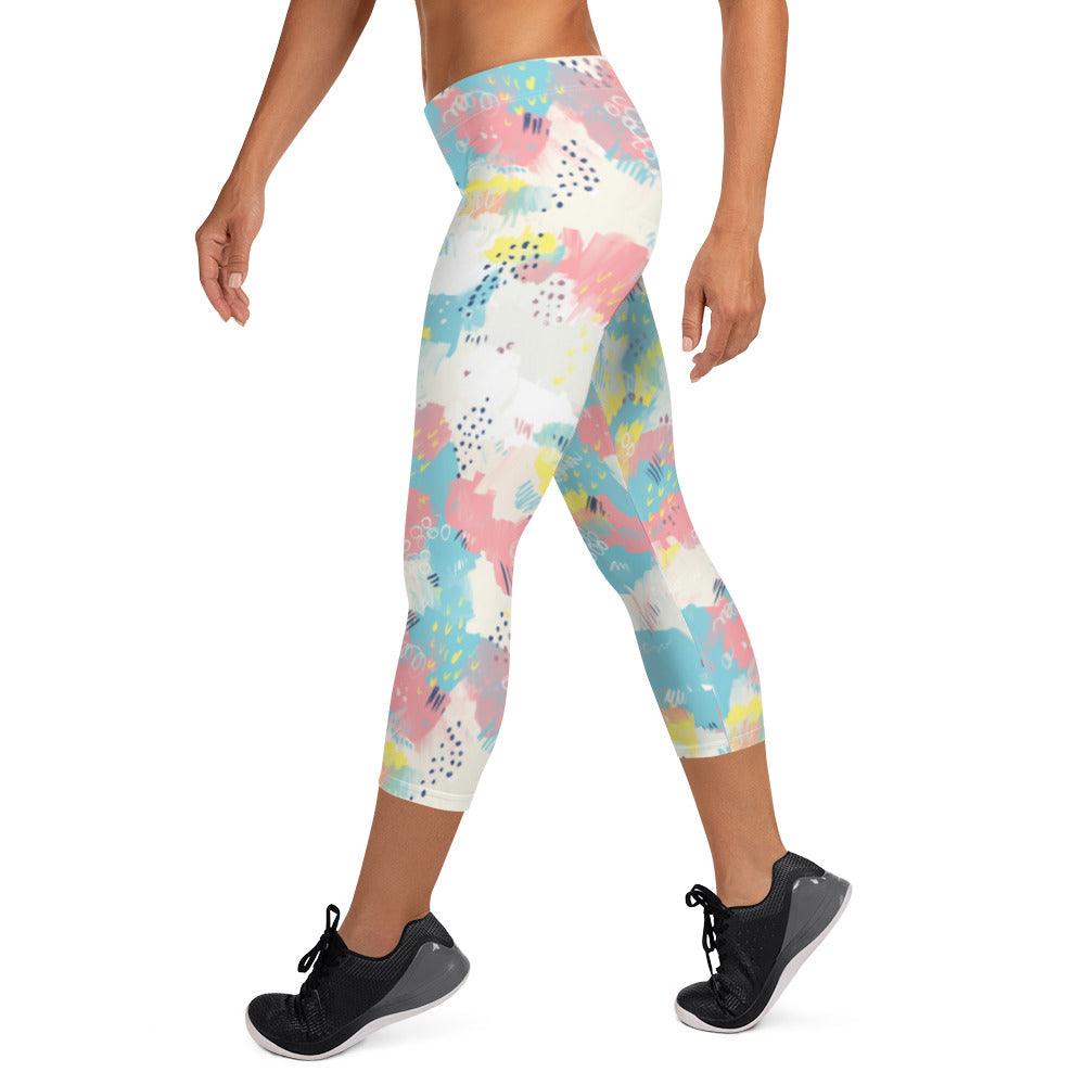 Pink and Blue Abstract Women's Capri Leggings | DEEAREST LTD