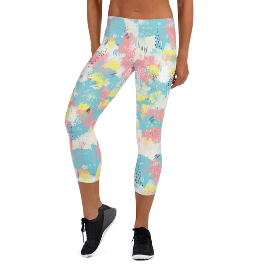 Pink and Blue Abstract Women's Capri Leggings | DEEAREST LTD