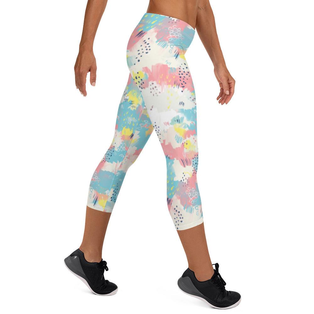 Pink and Blue Abstract Women's Capri Leggings | DEEAREST LTD