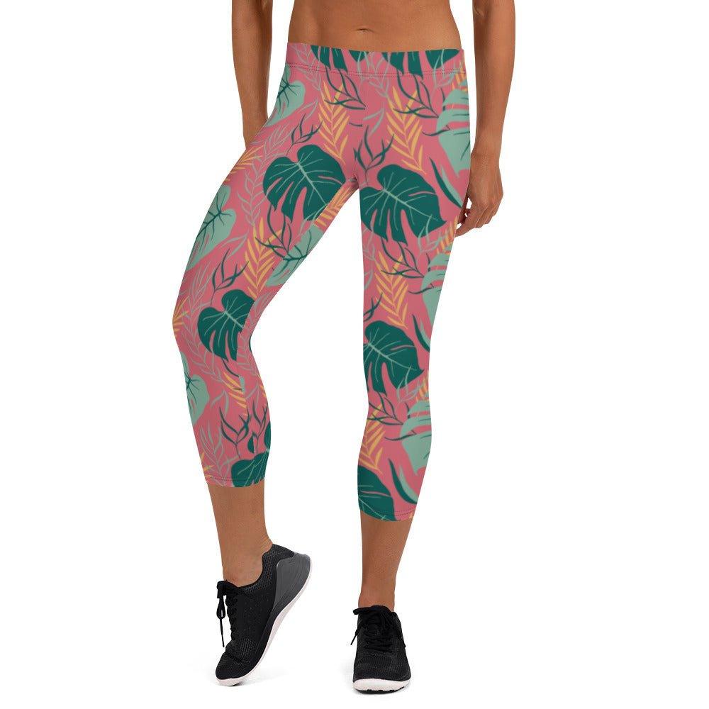 Pink Tropical Leaves Women's Capri Leggings | DEEAREST LTD