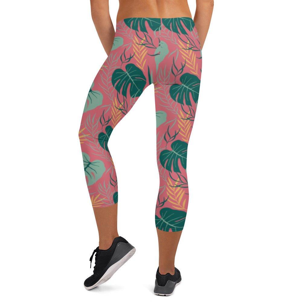 Pink Tropical Leaves Women's Capri Leggings | DEEAREST LTD