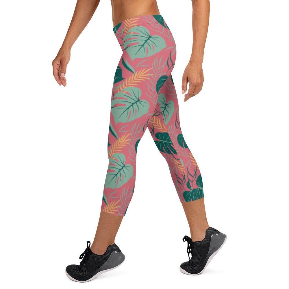 Pink Tropical Leaves Women's Capri Leggings | DEEAREST LTD