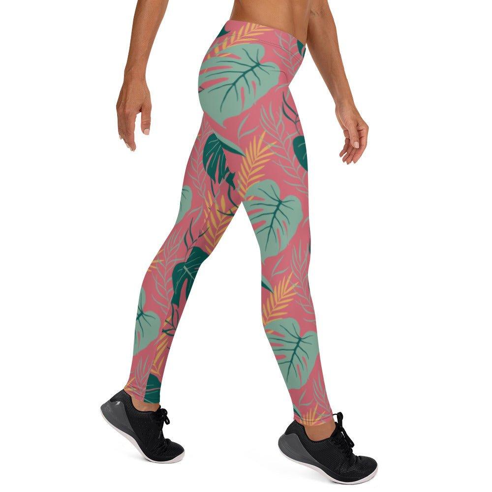 Pink Tropical Leaves Women's Mid-Rise Leggings | DEEAREST LTD