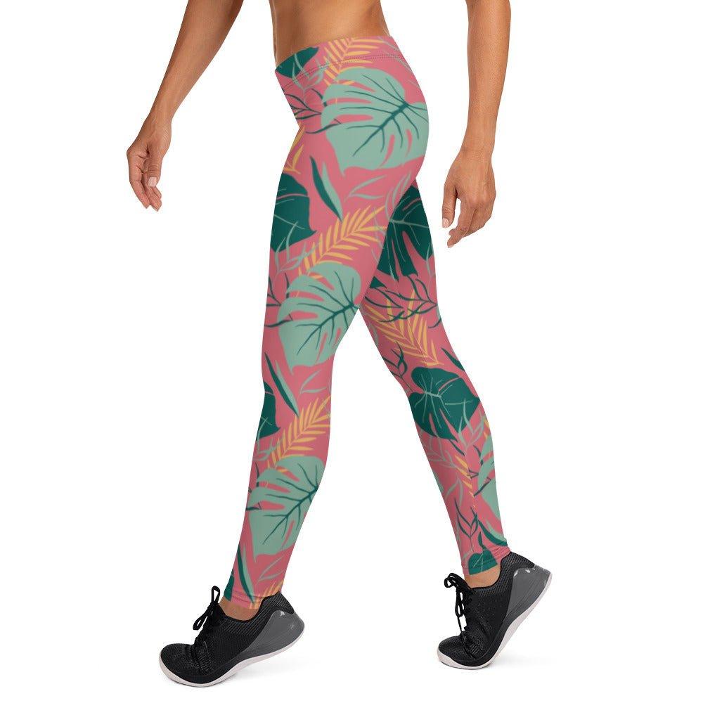 Pink Tropical Leaves Women's Mid-Rise Leggings | DEEAREST LTD