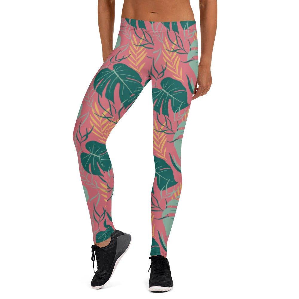 Pink Tropical Leaves Women's Mid-Rise Leggings | DEEAREST LTD