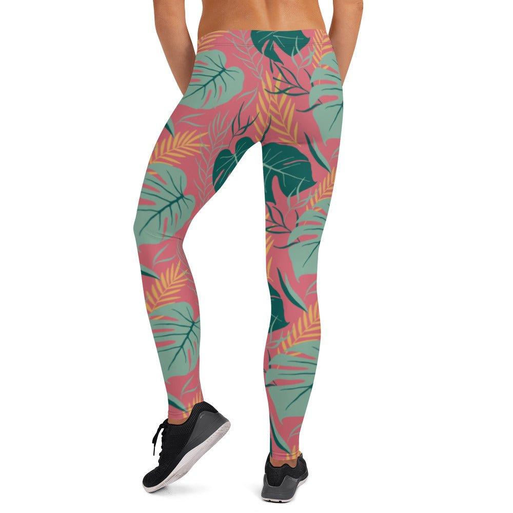 Pink Tropical Leaves Women's Mid-Rise Leggings | DEEAREST LTD